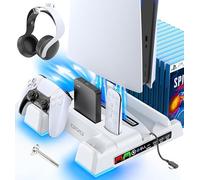 PS5/Slim/Pro Stand and Cooling Station with LED Controller Charging Station for PlayStation 5 Console, Controller Charger, Cooling Stand, PS5/Slim/Pro Accessories Kit with 3 Level Cooler Fan