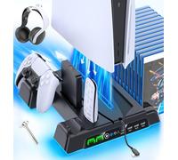 PS5/Slim/Pro Stand and Cooling Station with LED Controller Charging Station for PlayStation 5 Console, Controller Charger, Cooling Stand, PS5/Slim/Pro Accessories Kit with 3 Level Cooler Fan, Black