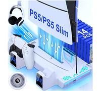 PS5 Slim Stand and Cooling Station with Controller Charging Station for Playsation 5, PS5 Accessories Incl. 3 Levels Turbo Fan, RGB, 14 Game Slots, Headset Holder, PS5 Cooler for PS5 Digital/Disc