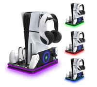 PS5 Slim Stand and Cooling Station with RGB LED Controller Charging Station for Playstation 5, PS5 Controller Charger for Dual Sense & Edge Controller, PS5 / PS5 Slim Accessories Cooling Black