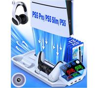 PS5 Stand with 3-Speed Cooling Fan, PS5 Accessories Incl. PS5 Controller Dual Charging Station, 13 Game Slots, 3 USB Hubs, Headphone Stand, Media Slot, PS5 Cooling Station for PS5 Digital Console