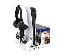PS5 Stand with Cooling Fan System for PS5 Digital Edition/Ultra HD Console, PS5 Console Charging Station with PS5 Game Headset Holder, 15 Game Slots, PS5 Accessories Organizer, White