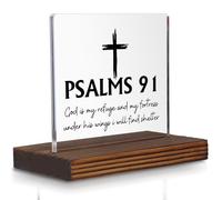 Psalm 91 Desk Sign, Christian Bible Verse Decor with Cross, God Is My Refuge and Fortress Gift for Women Men, Inspirational Faith Plaque for Office, Birthday, Baptism, Retirement, Christmas PA130