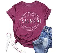 Psalms 91 Jesus Love T-Shirt Women Funny Letter Print Religious Christian Shirt Short Sleeve Casual Blessed Tees Tops, Purple Red, XX-Large