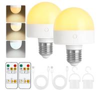 Psatfito Rechargeable Light Bulb with Timer and Remote, Dimmable Battery Light Bulbs with Magnetic Base, E27/E26 Detachable Charging LED Bulb, Non Hardwired Lamps with 3 Color Temperatures, 2 Packs