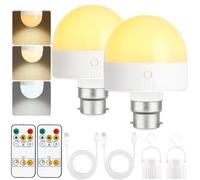 Psatfito Rechargeable Light Bulb with Timer and Remote, Dimmable Battery Light Bulbs with Magnetic Base, B22 Detachable Charging LED Bulb, Non Hardwired Lamps with 3 Color Temperatures, 2 Packs
