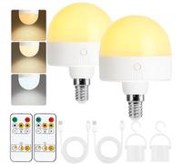 Psatfito Rechargeable Light Bulb with Timer and Remote, Dimmable Battery Light Bulbs with Magnetic Base, E14 Detachable Charging LED Bulb, Non Hardwired Lamps with 3 Color Temperatures, 2 Packs