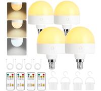 Psatfito Rechargeable Light Bulb with Timer and Remote, Dimmable Battery Light Bulbs with Magnetic Base, E14 Detachable Charging LED Bulb, Non Hardwired Lamps with 3 Color Temperatures, 4 Packs (E14)