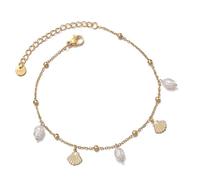 [Psdndeww] Delicate Pearl Shell Anklet for Women Adjustable Length Beach Jewelry Stainless Steel Minimalist Foot Accessories Shell Pearl Anklet