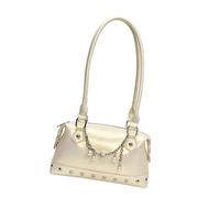 [Psdndeww] Modern Shoulder Bag with Stand and Beaded Metal Chain Ornament PU Leather Underarm Handbag Daily Use 2025 Music Festival Accessories Bag, white