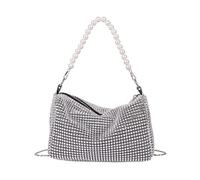 [Psdndeww] Rhinestone Shoulder Bag Casual Underarm Bag Crossbody Pearl Chain Shoulder Handbag for Girls All Match, Silver