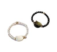 [Psdndeww] Two Elegant Black White Cat Charm Rings Natural Moonstone Obsidian Finger Rings Party Accessories for Women