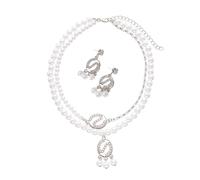 Psdndeww Unique Initial Letter Necklace Earrings Set Featuring Crystal Rhinestones Faux Pearls Two Tone Stackable Design Evening Party Jewelry Accessories