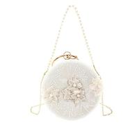 [Psdndeww] Unique White Floral Pearls Decorated Evening Bag Round Shoulder Purse Handbag Suitable for Party Wedding