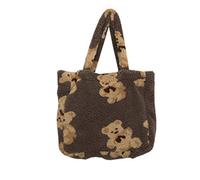 [Psdndeww] Women Lamb Like Fabric Shoulder Tote Bag Canvas Bear Handbag Large Capacity Soft Shopping Bag School Bag, BN