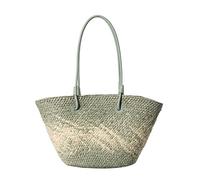 [Psdndeww] Women's Large Capacity Colorful Woven Straw Shoulder Bag Korean Fashion Contrast Color Basket Handbag Beach Vacation, green (olive green)
