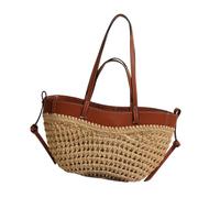 Psdndeww Woven Straw Tote Bag with Double Shoulder Straps | Double Shoulder Straps with Contrast Trim for Commute, Weekend Shopping and Spring Travel