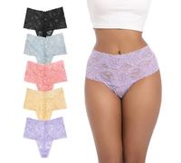 PSEFNAGX High Waisted Leaf Thick Waistband Lace Cotton Breathable Thongs Plus Size Pack 5 Size Small to 4X-Large, 5 Pieces Brilliant, XXL