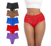 PSEFNAGX High Waisted Leaf Thick Waistband Lace Cotton Breathable Thongs Plus Size Pack 5 Size Small to 4X-Large, 5 Pieces Gloomy, L