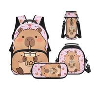 Psesaysky Capybara Backpack for Girls Kids Backpack with Lunch Box Water Bottle Holder and Soft Pencil Case 4PCS Set Bookbag with Front Pocket for School 17 inch Large Capacity School Bag