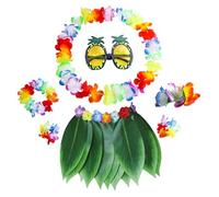 PSFDEWT Hula Leaf Skirt with Flower Leis, 7PCS/Set Hawaiian Grass Skirt with Pineapple Sunglasses, Hair Clip, Necklace, Hairband and Wristband, Luau Outfits for Women, Girls, Summer PartyHula