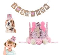 PSFXBM First Birthday Crown Hat and Flag for 1-Year-Old Girls, Princess Crown, Pink, One Size (Fits 1 Year Old)