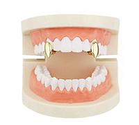 Psivika 2PC Gold Plated Vampire Dracula Grillz Cap for Your Teeth Grillz Men Women Hip Hop Jewelry Gift, M, Brass, rhinestone
