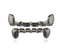 Psivika Gold Plated Dracula Vampire Fangs Slug Top and Bottom Grills for Your Teeth Grillz Set for Men and Women Hip Hop, M, Brass, rhinestone
