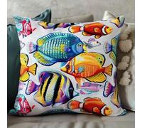 Pskgbxmu DIY Embroidery Cross Stitch Cushion Kit 11CT Needlepoint Craft Set pre Printed Handmade Cushion Cover Stitched Cushion Kit Colourful Fish 45x45cm