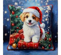 Pskgbxmu DIY Embroidery Cross Stitch Cushion Kit 11CT Needlepoint Craft Set pre Printed Handmade Cushion Cover Stitched Cushion Kit Christmas Dog 45x45cm