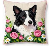 Pskgbxmu DIY Embroidery Cross Stitch Cushion Kit 11CT Needlepoint Craft Set pre Printed Handmade Cushion Cover Stitched Cushion Kit Animal Border Collie 45x45cm
