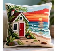 Pskgbxmu DIY Embroidery Cross Stitch Cushion Kit 11CT Needlepoint Craft Set pre Printed Handmade Cushion Cover Stitched Cushion Kit Beach Hut 45x45cm
