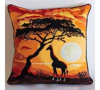 Pskgbxmu DIY Embroidery Cross Stitch Cushion Kit 11CT Needlepoint Craft Set pre Printed Handmade Cushion Cover Stitched Cushion Kit Sunset Tree and Giraffe 45x45cm