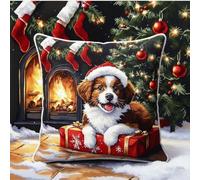 Pskgbxmu DIY Embroidery Cross Stitch Cushion Kit 11CT Needlepoint Craft Set pre Printed Handmade Cushion Cover Stitched Cushion Kit Christmas Puppy 45x45cm