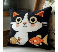 Pskgbxmu DIY Embroidery Cross Stitch Cushion Kit Cat and Fish 11CT Needlepoint Craft Set pre Printed Handmade Cushion Cover Stitched Cushion Kit 45x45cm