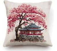 Pskgbxmu DIY Embroidery Cross Stitch Cushion Kit Cherry Blossoms 11CT Needlepoint Craft Set pre Printed Handmade Cushion Cover Stitched Cushion Kit 45x45cm