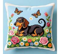 Pskgbxmu DIY Embroidery Cross Stitch Cushion Kit Dachshund 11CT Needlepoint Craft Set pre Printed Handmade Cushion Cover Stitched Cushion Kit 45x45cm