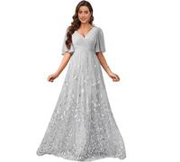 PSNKLMM Customized V Neck Mother of The Bride Dress Chiffon Sequin Ruffles Sleeves Formal Evening Empire Waist Wedding Guest(Silver,28W)