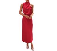 PSNKLMM Exquisite Mother of The Bride Dresses Satin Dress Ruffle Sleeveless Mock Neck Cocktail Party Maxi(Red,16W)