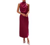 PSNKLMM Exquisite Mother of The Bride Dresses Satin Dress Ruffle Sleeveless Mock Neck Cocktail Party Maxi(Deep Red,4)