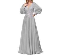 PSNKLMM Lace Appliques Mother of The Bride Dresses Long Sleeve Formal Evening Gown Chiffon V-Neck Wedding Guest Back Up(Silver,14)