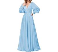 PSNKLMM Lace Appliques Mother of The Bride Dresses Long Sleeve Formal Evening Gown Chiffon V-Neck Wedding Guest Back Up(Light Blue,22W)