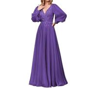 PSNKLMM Lace Appliques Mother of The Bride Dresses Long Sleeve Formal Evening Gown Chiffon V-Neck Wedding Guest Back Up(Purple,14W)