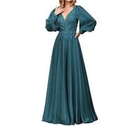 PSNKLMM Lace Appliques Mother of The Bride Dresses Long Sleeve Formal Evening Gown Chiffon V-Neck Wedding Guest Back Up(Blue01,10)
