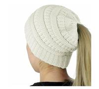 PSNKLMM Women Winter Stretch Crochet Knitted Hat Messy Bun Ponytail Beanie Holey Warm Caps For Winter Outdoor Headwear(White)