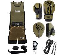 PSS Fighting Kit Kids Boxing Set Uniform top and short Boxing gloves Focus pad rope wrap key ring Professional Training equipment 6-pcs Commando Green set kickboxing 4-OZ (5-6 Year, Commando Green)