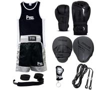 PSS Fighting Kit Uniform top and short 1025 Boxing gloves 1117 Focus pad rope wrap key ring Professional Training equipment 6-pcs BLACK set for Muay thai kickboxing MMA 6-OZ (1117 Black, 13-14 Year)