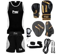 PSS Fighting Kit Uniform top and short 1025 Boxing gloves 1117 Focus pad rope wrap key ring Professional Training equipment 6-pcs GOLDEN set Muay thai kickboxing 6-OZ (1117 Golden/Black, 11-12 Year)