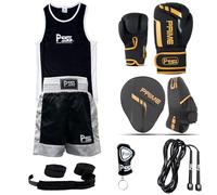 PSS Fighting Kit Uniform top and short 1025 Boxing gloves 1117 Focus pad rope wrap key ring Professional Training equipment 6-pcs GOLDEN set Muay thai kickboxing 4-OZ (1117 Golden/Black, 13-14 Year)