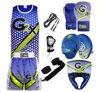 PSS Kids Boxing Set-Boxing Gloves, Uniform, Focus Pad, and Head Guard - Safe, Durable, Lightweight Equipment for Boys/Girls Youth Training, Fitness (Blue, 9-10Year/6oz)